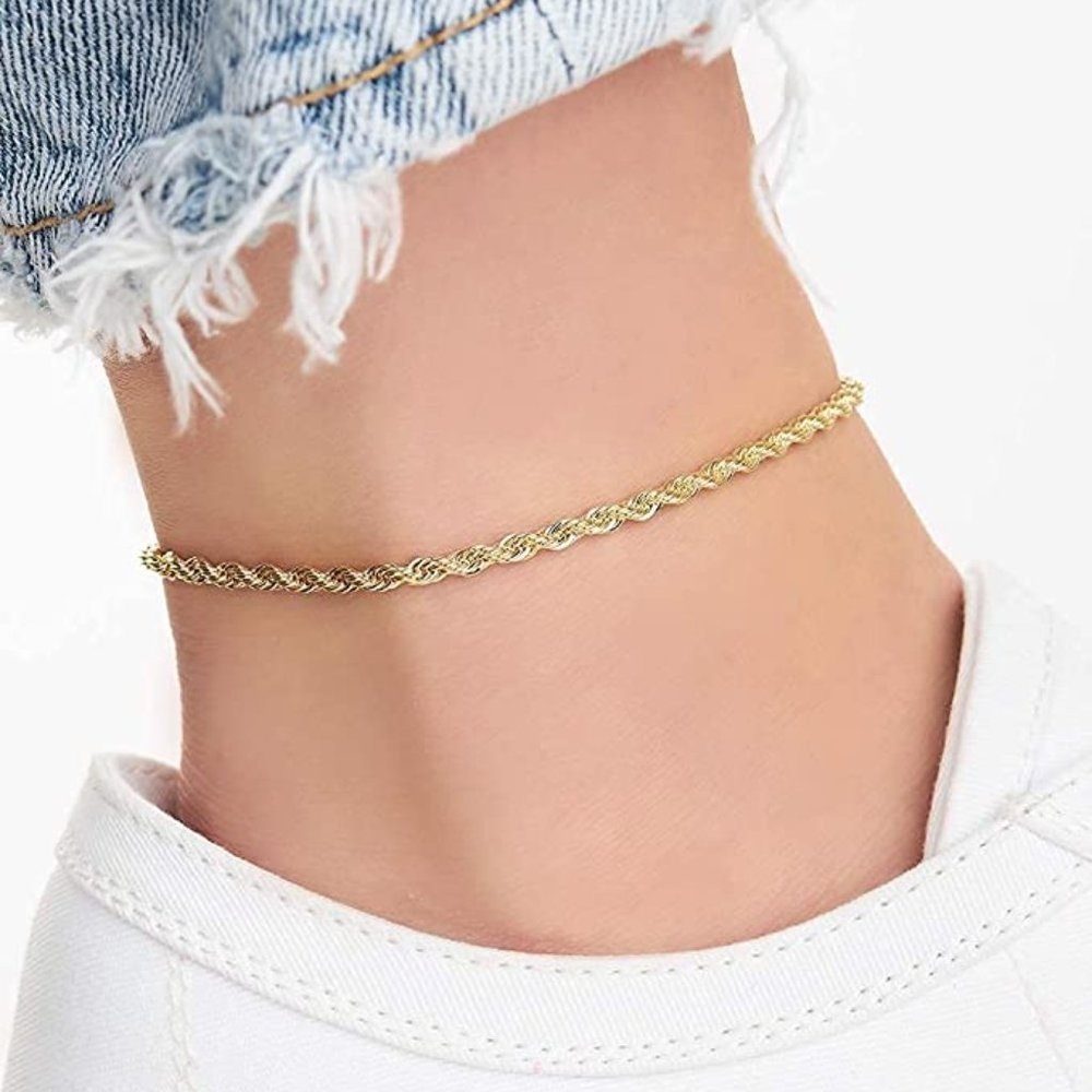 18K Gold Plated Braided Chain Ankle Bracelet for Women 10 Inches